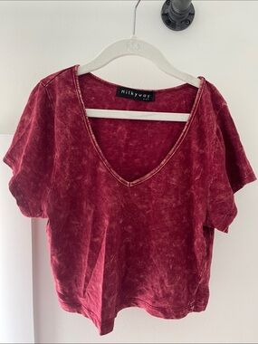 Milky Way Acid Washed Red/Burgundy V-Neck Cropped Short Sleeve Tee